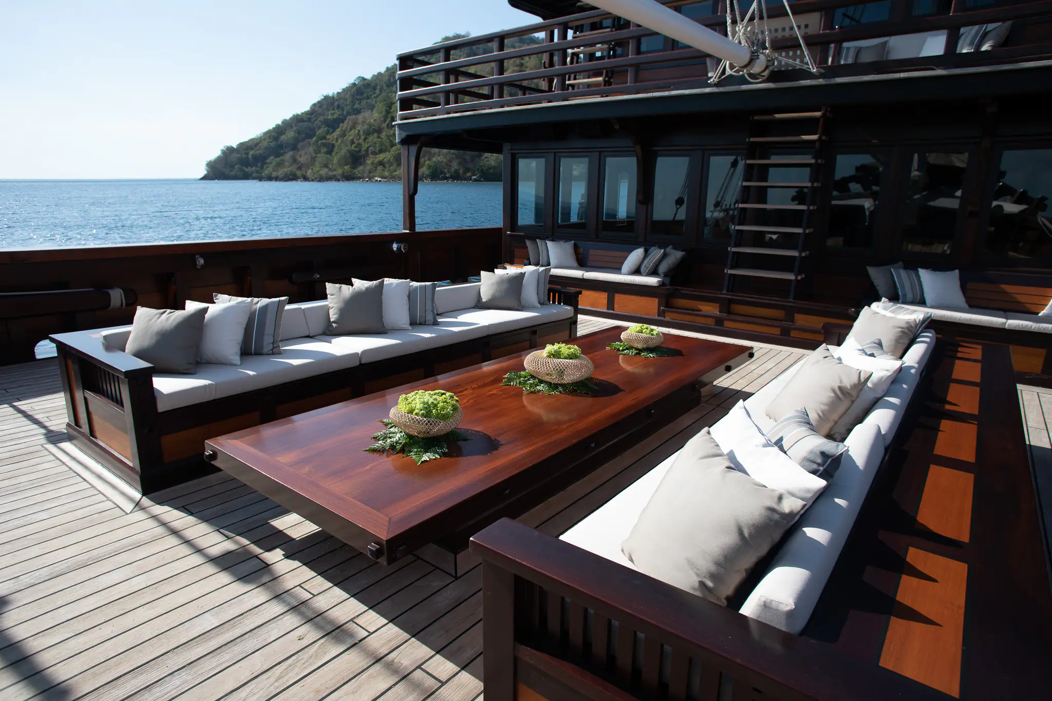 Dunia Baru Elegant Sailing Yacht | Outdoor lounge deck with ocean views