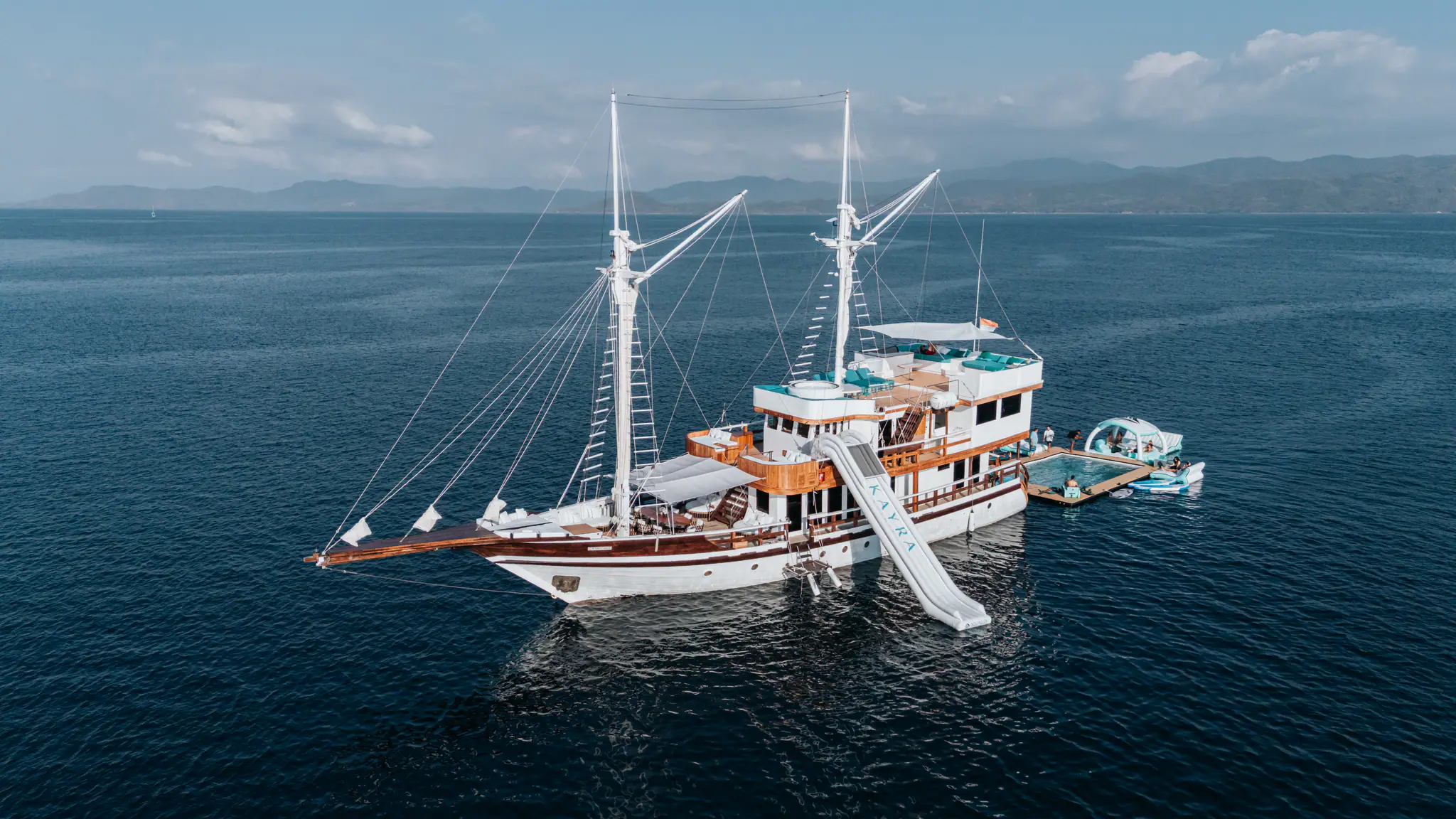 Kayra Phinisi Activity Yacht | Aerial View at Sea