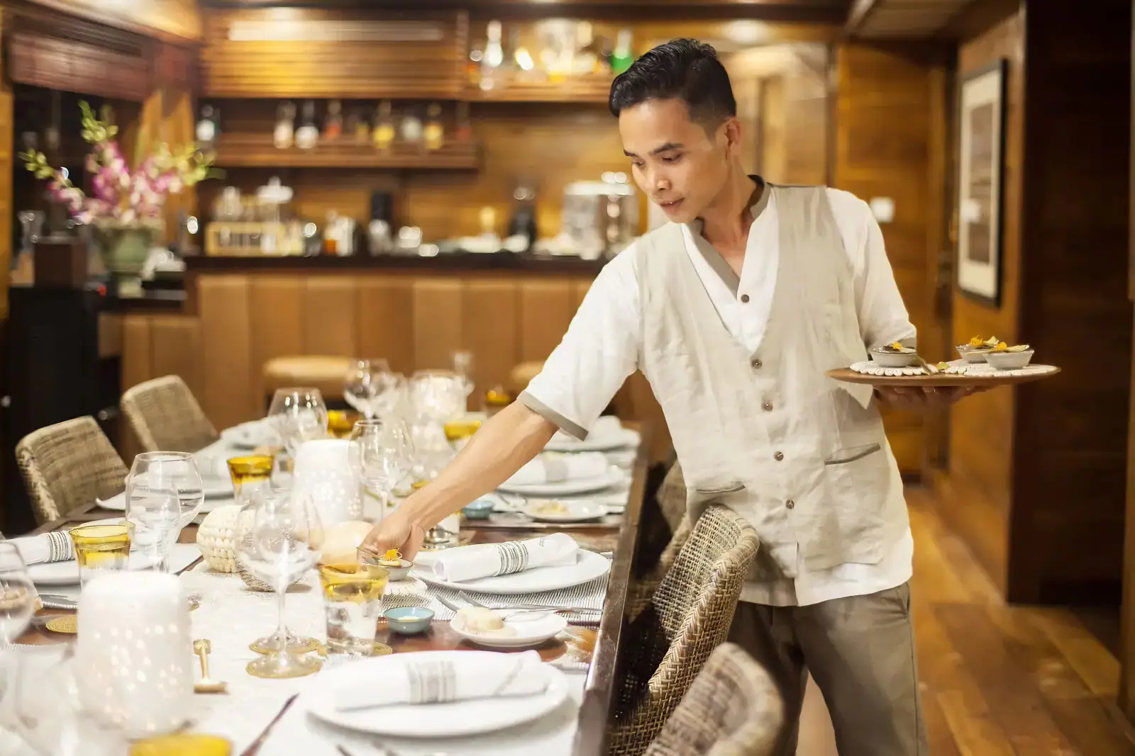 Prana Luxury Sailing Yacht | Crew preparing elegant dining experience