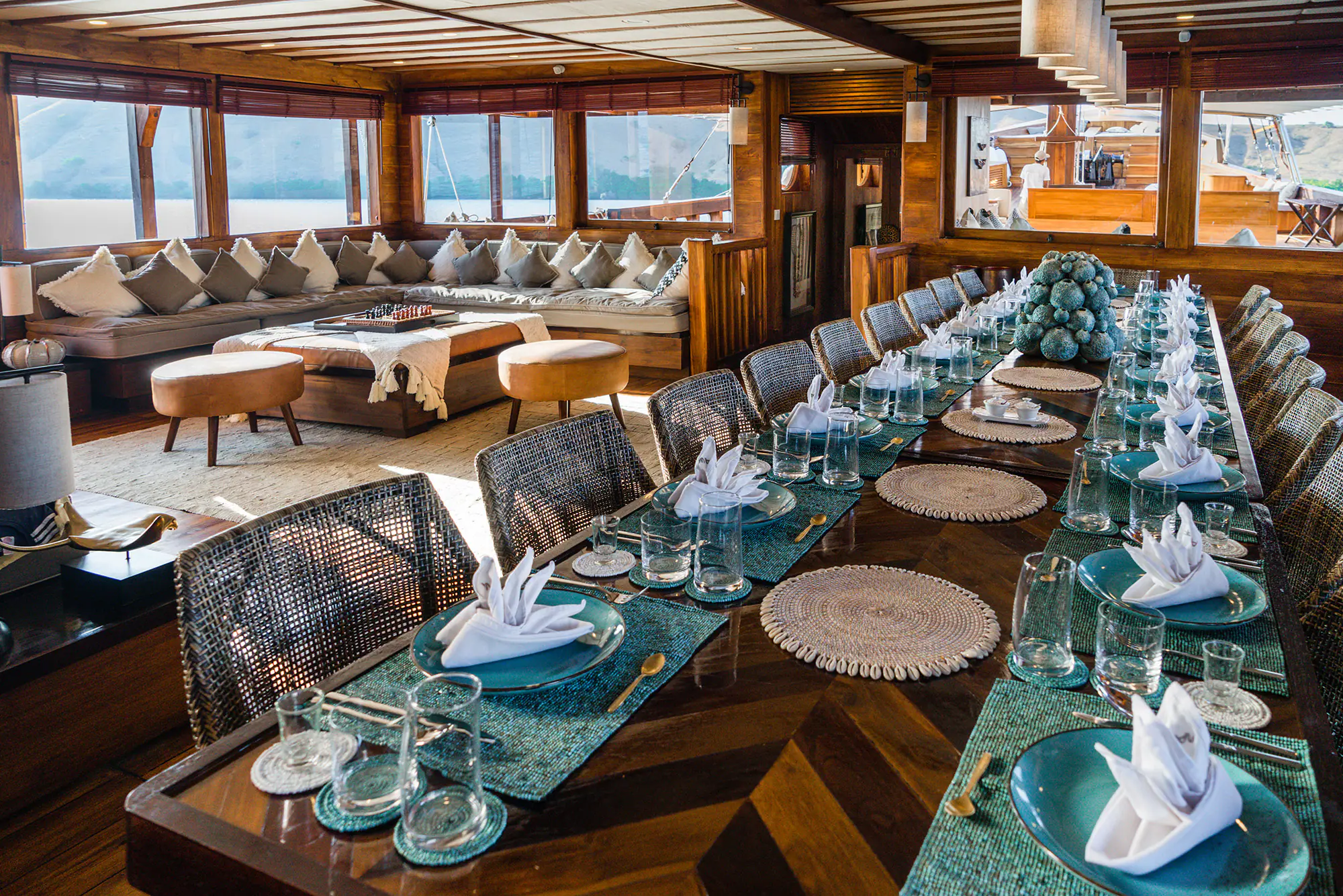 Prana Luxury Sailing Yacht | Elegant indoor dining salon