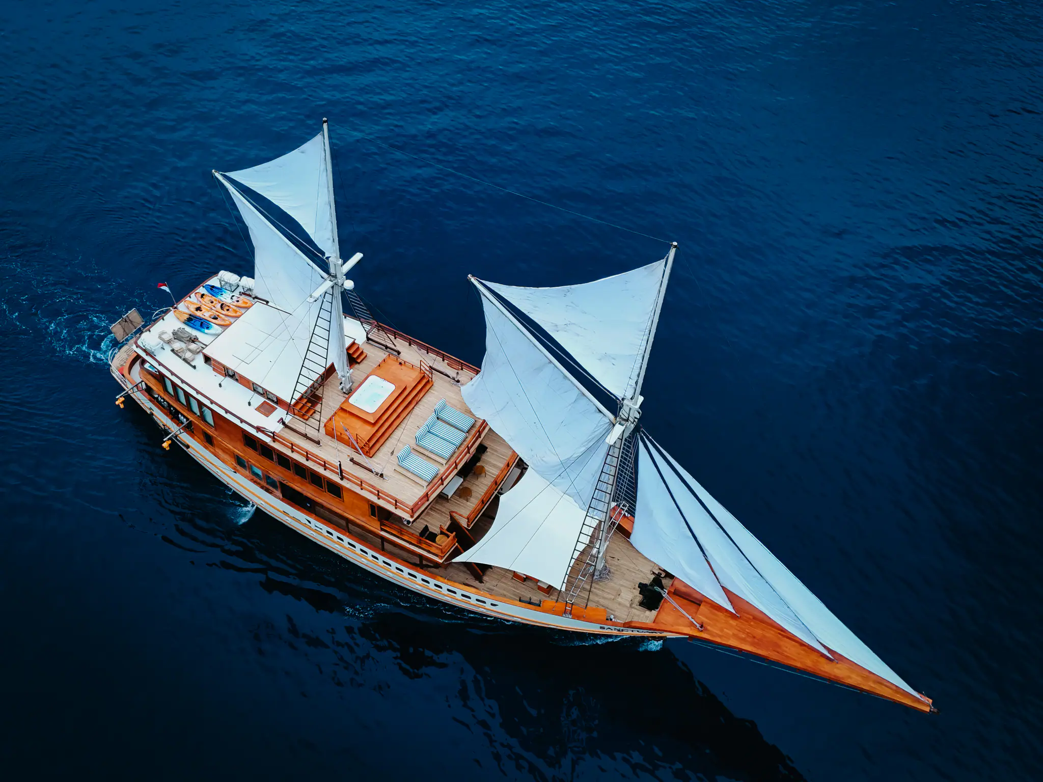 Sanctuary Grand Phinisi Yacht | Aerial sailing yacht perspective