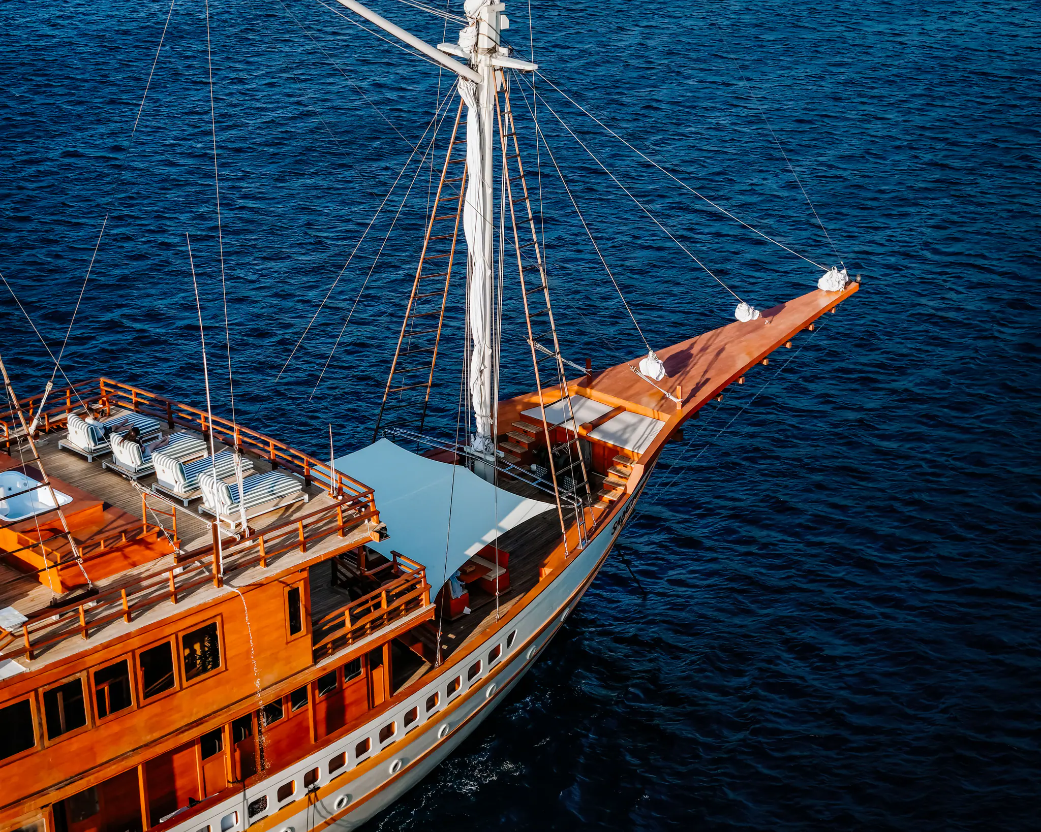 Sanctuary Grand Phinisi Yacht | Aerial bow view of sailing yacht